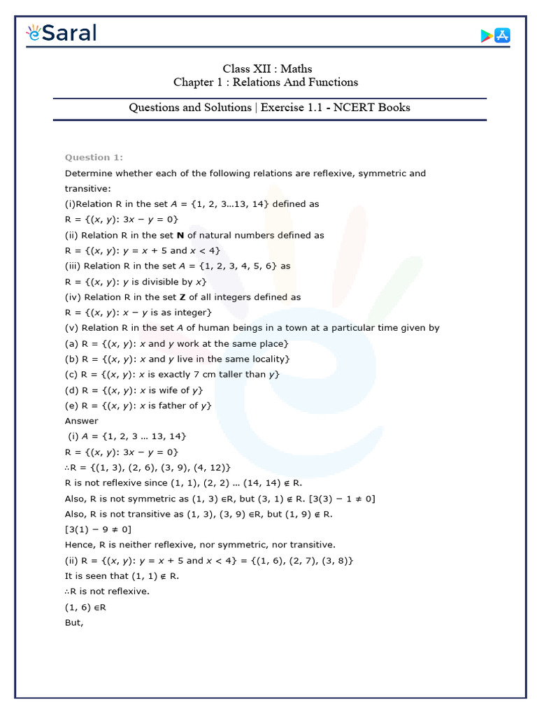 Class 12 Maths Exercise 1.1 Solutions | PDF | Mathematical Concepts ...