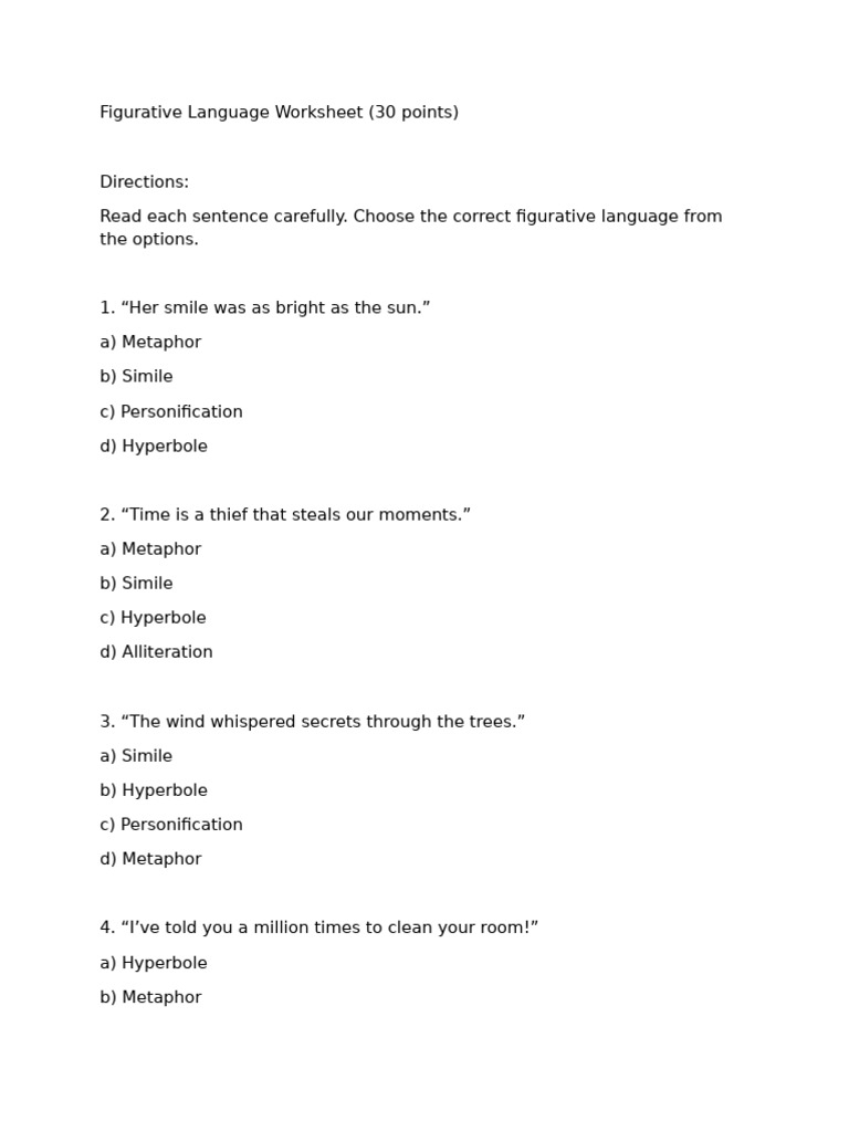 Figurative Language Worksheet 1 | PDF | Metaphor