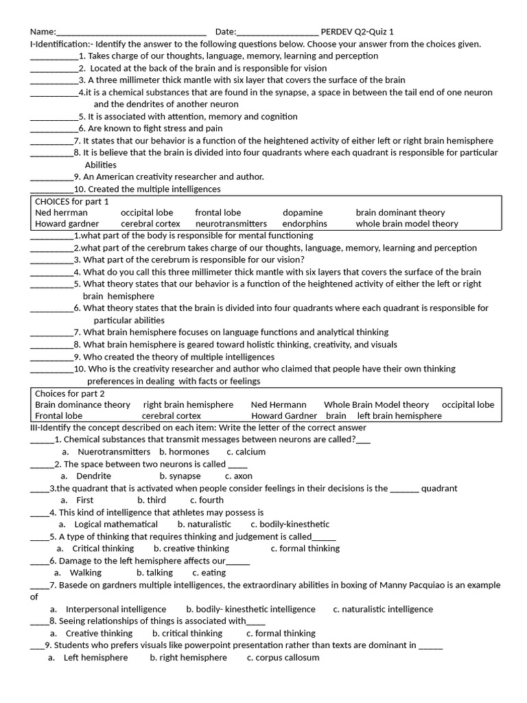 Brain Function and Learning Styles Quiz | PDF | Cerebral Hemisphere | Brain
