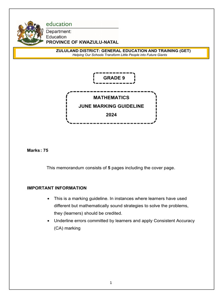 Grade 9 Mathematics June Marking Guide | PDF | Mathematical Analysis ...