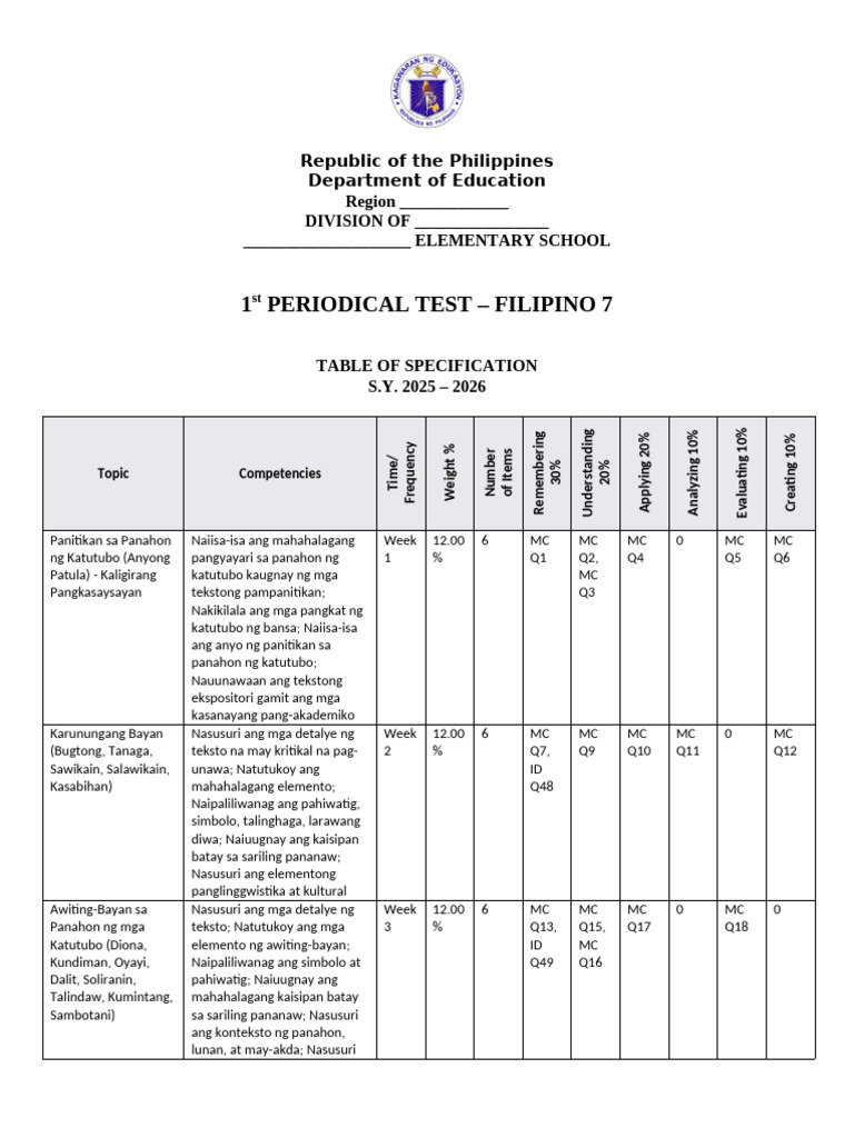 DTC - PT - Filipino 7 - q1 Matatag Tos Key | PDF