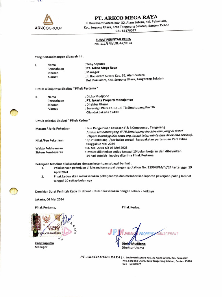 Surat Perintah Kerja PT Arkco Mega Raya | PDF