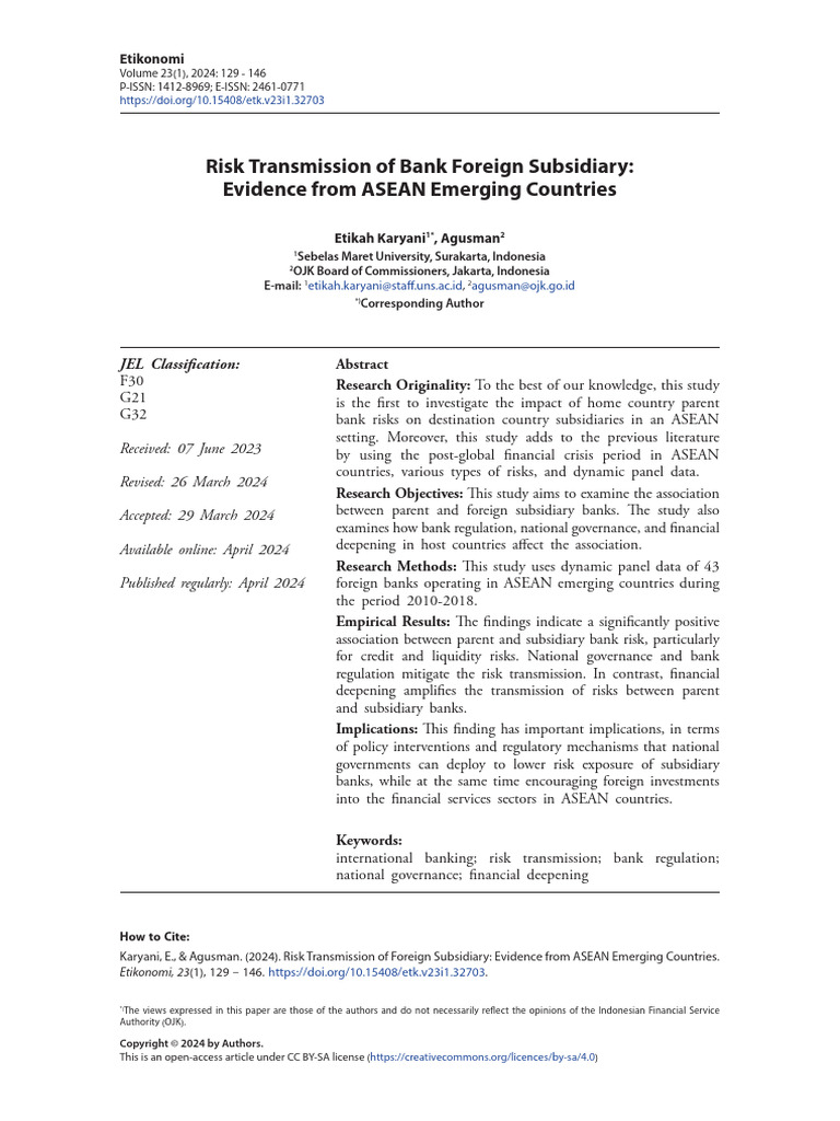 Risk Transmission of Foreign Subsidiary in ASEAN E | PDF | Banks ...