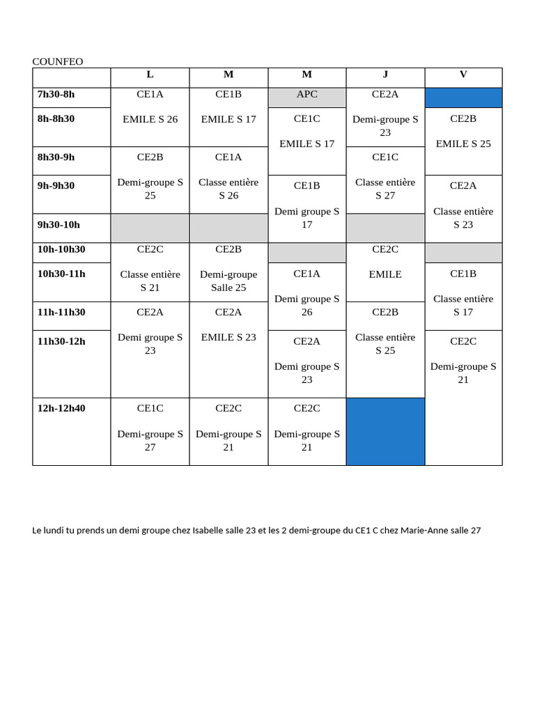 Emploi du temps des classes CE1 et CE2 | PDF