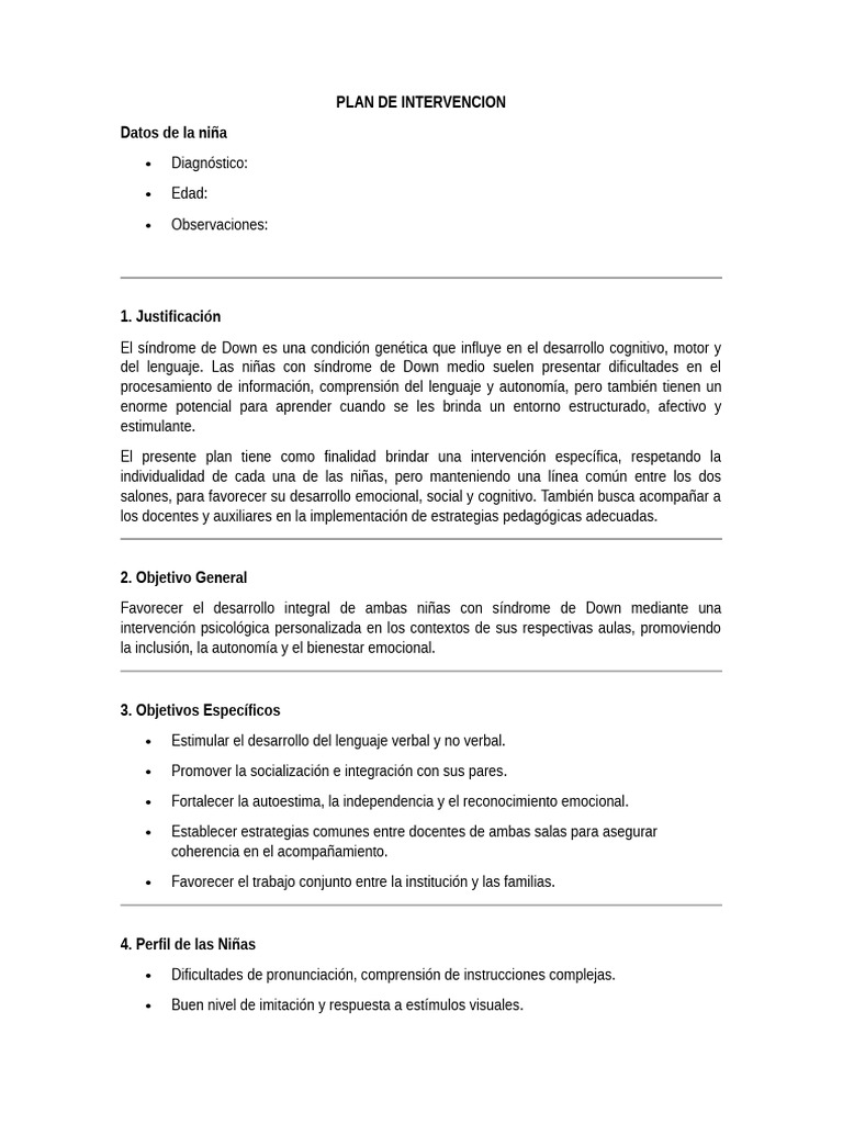 Plan de Intervención Psicológica Niñas Donw | PDF | Las emociones ...