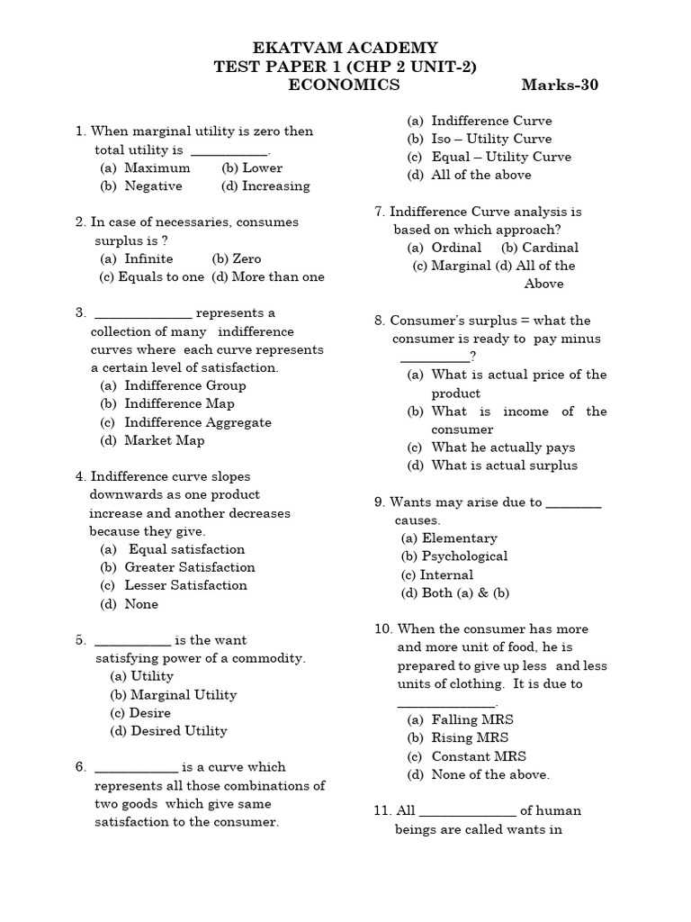 Chapter 2 Unit 2 Test 1 Questions | PDF | Utility | Economic Surplus