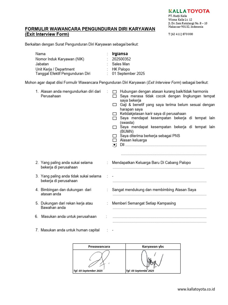Formulir Exit Interview Karyawan PT Hadji Kalla | PDF