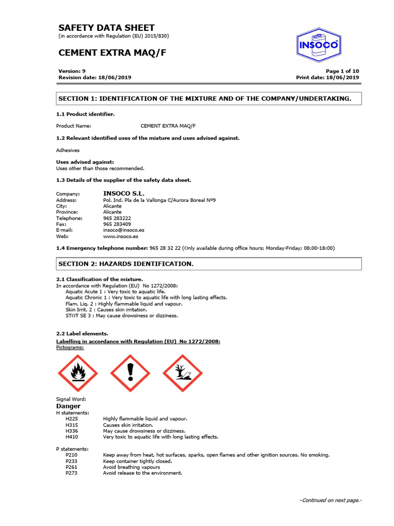Safety Data Sheet for Cement Extra MAQ/F | PDF | Personal Protective ...