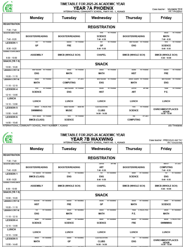 Class Timetables 2025-26 Draft1 (29-08) | PDF