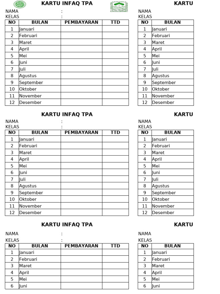 Kartu Infaq TPA Bulanan | PDF