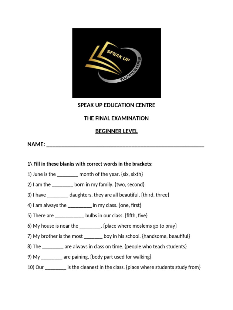 Beginner Exam: Fill-in-the-Blanks | PDF | Syntax | Grammar