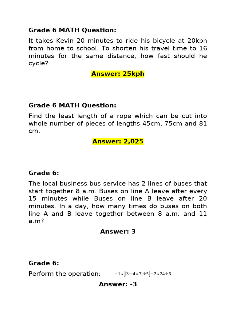 Grade 6 Math Questions and Answers | PDF