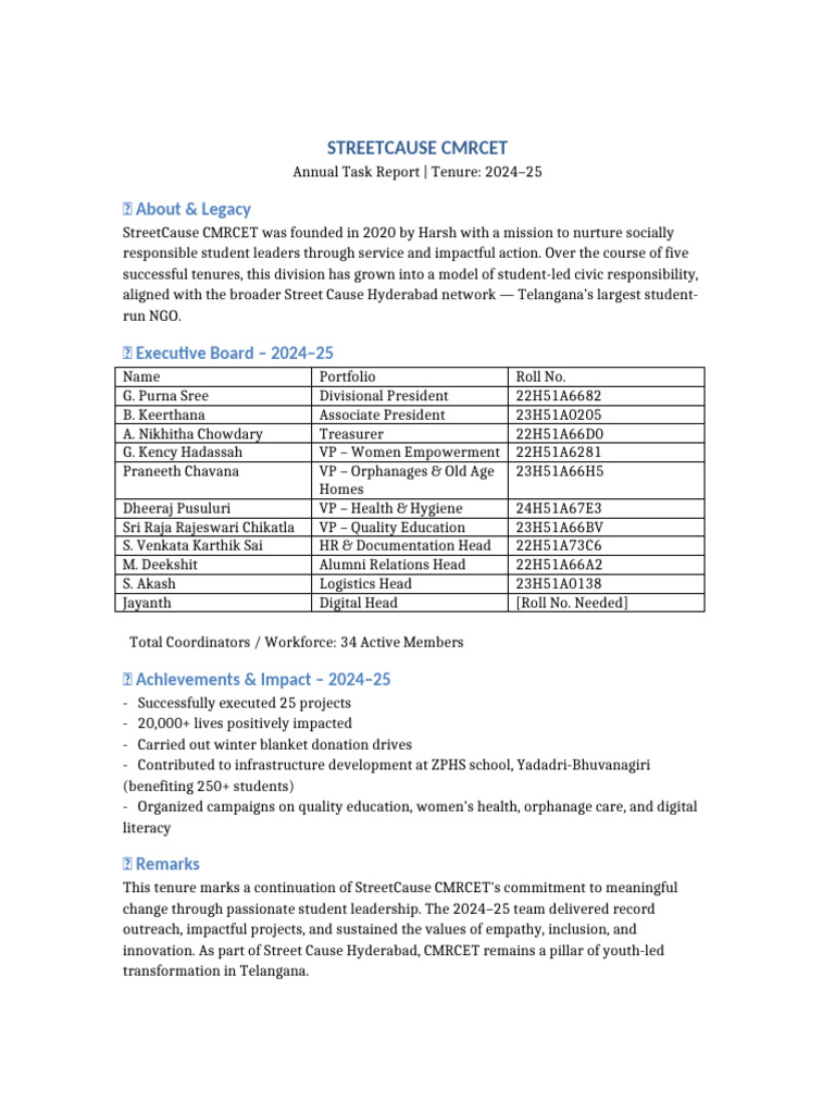StreetCause CMRCET Task Report 2024 25 | PDF