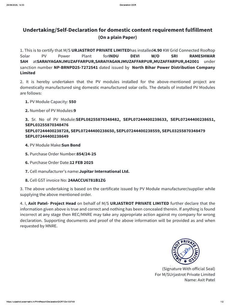 Domestic Content Declaration for Solar PV | PDF | Photovoltaics ...