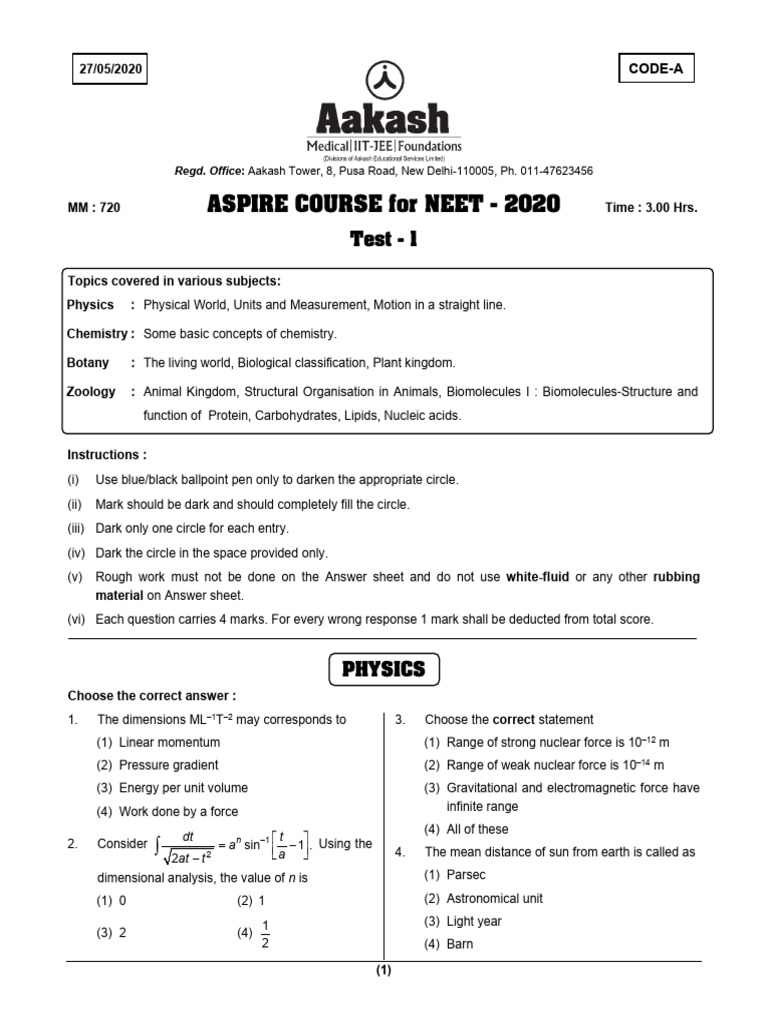 Aspire Course For NEET-2020 (Phase-01) - Test-1 - (Code-A) - 27-05-2020 ...