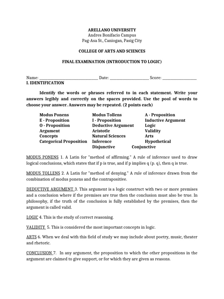 Introduction to Logic Final Exam | PDF | Logic | Argument