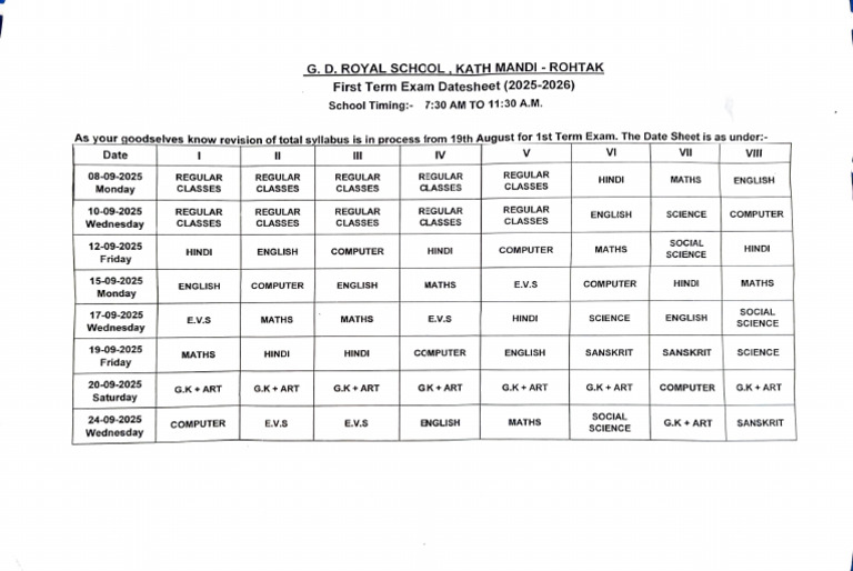 First Term Exam Datesheet 2025-2026 | PDF