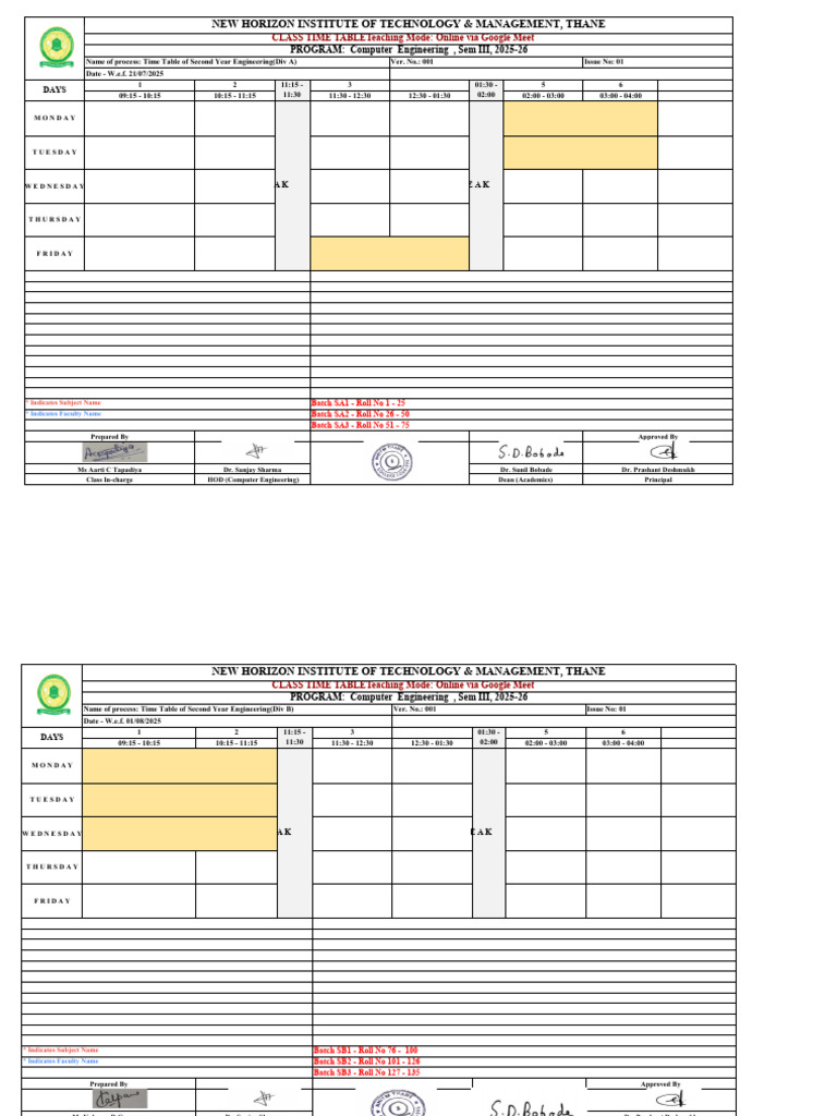 Computer Engineering Timetable 2025-26 | PDF | Computing | Computer Science