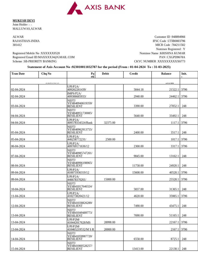 Axis Bank Account Statement 2024-2025 | PDF | Banks | Debit Card
