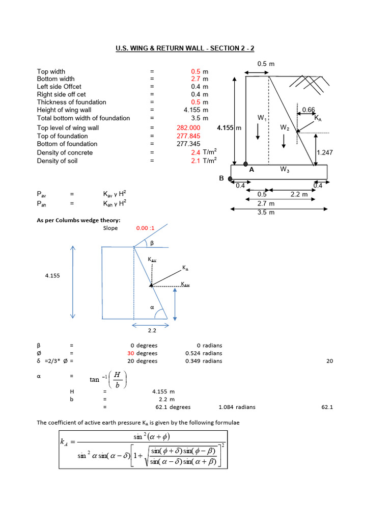 Wing Wall Design Calculations | PDF | Mechanical Engineering