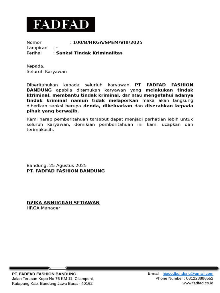 Sanksi Tindak Kriminal di PT FADFAD | PDF