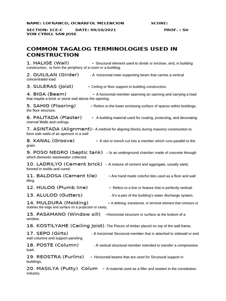 Tagalog Construction Terminologies | PDF | Wall | Plaster
