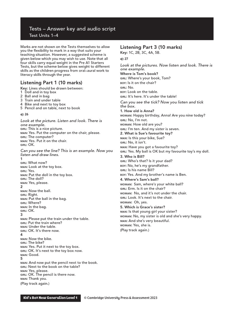 KidsBox Level1 Test Units 1-4 AudioScript and AnswerKey | PDF | Toys
