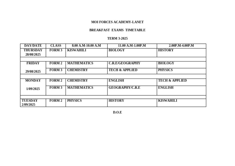Form Three Exam Timetable 2025 | PDF