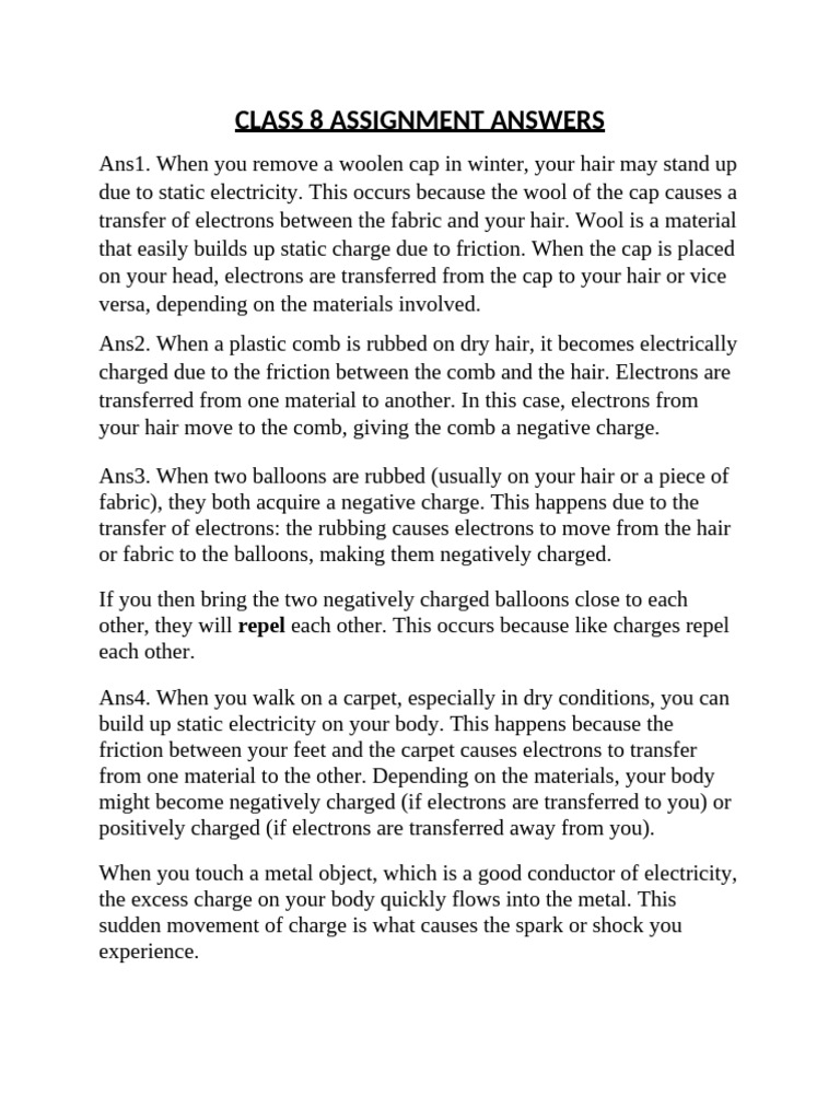 Class 8 Science Assignment Answers | PDF | Eye | Electric Charge