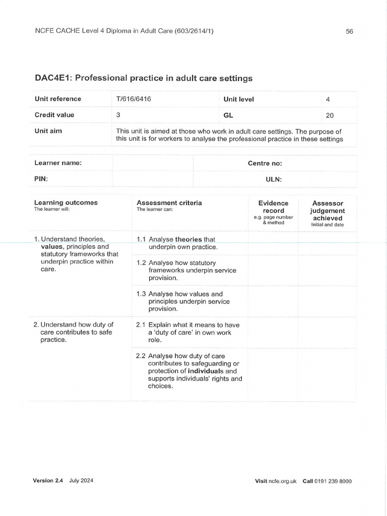 DAC4E1 Professional Practice in Adult Care Settings | PDF