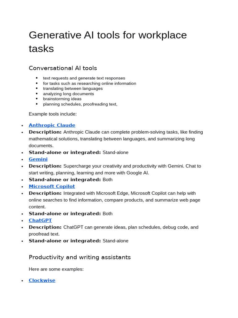 Generative AI Tools for Workplace Tasks | PDF | Software Development ...