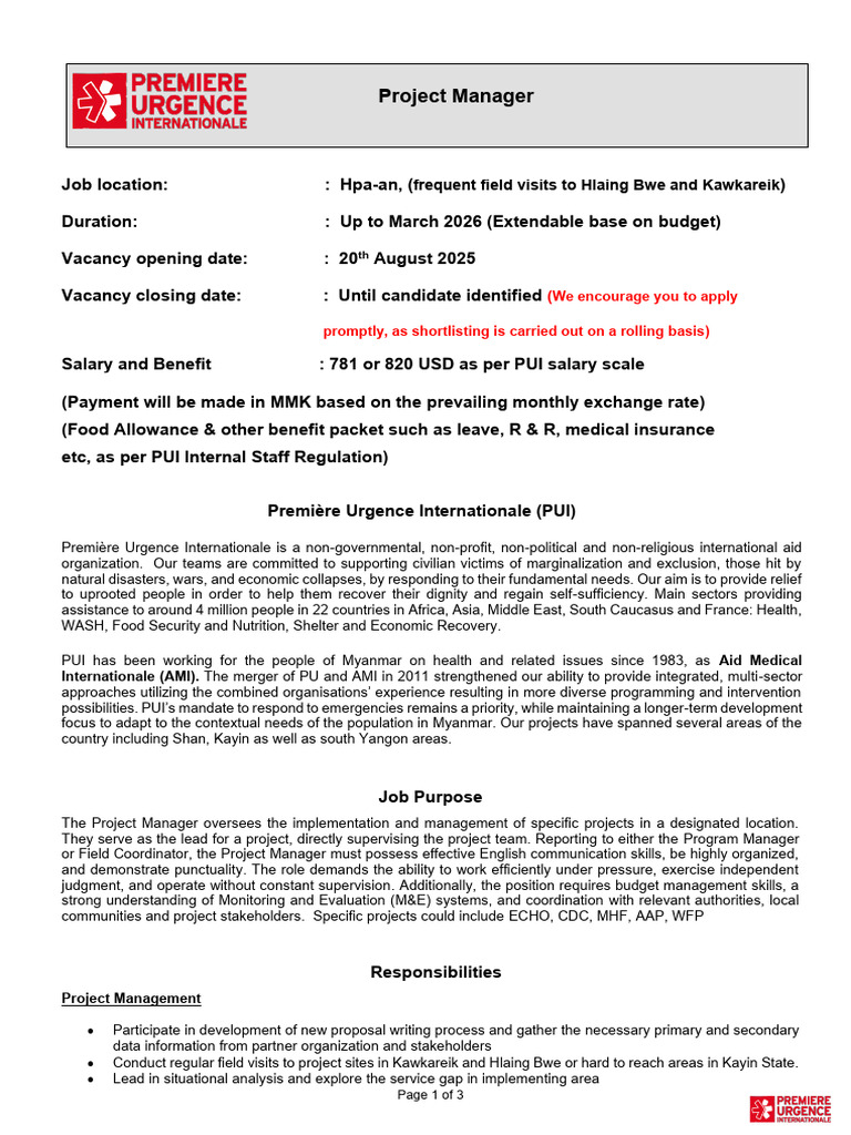 Project Manager Position in Hpa-an | PDF | Budget | Project Management