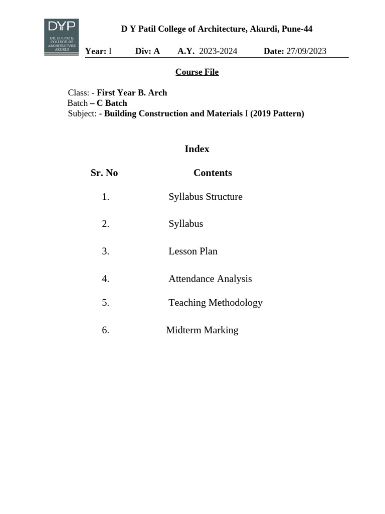 Building Construction Syllabus 2023-24 | PDF | Mortar (Masonry) | Concrete