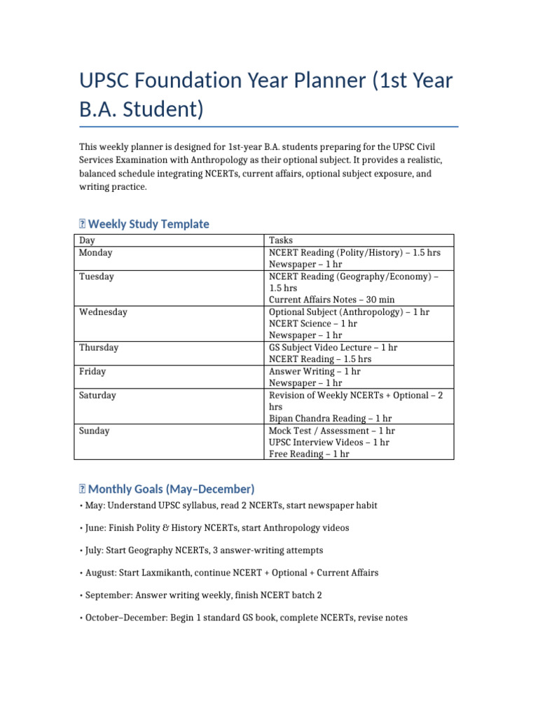 UPSC 1st Year B.A. Study Planner | PDF