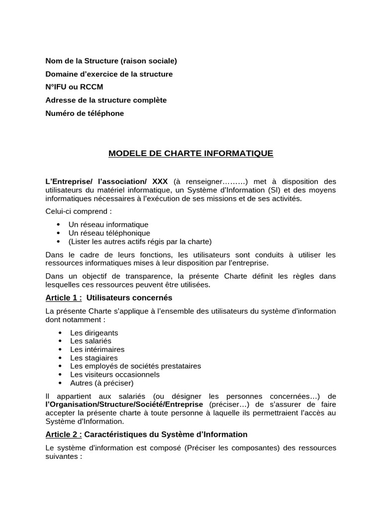 Modèle de charte informatique entreprise | PDF | Informatique | Système ...
