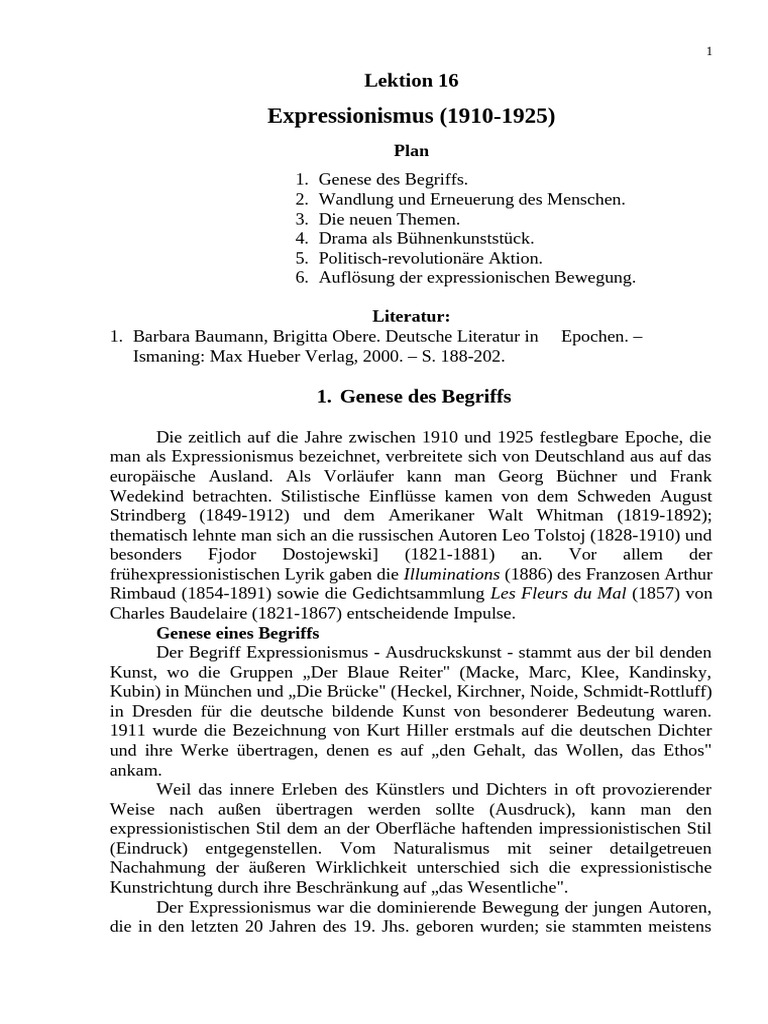 Lektion 16 Expressionismus (1910-1925) | PDF