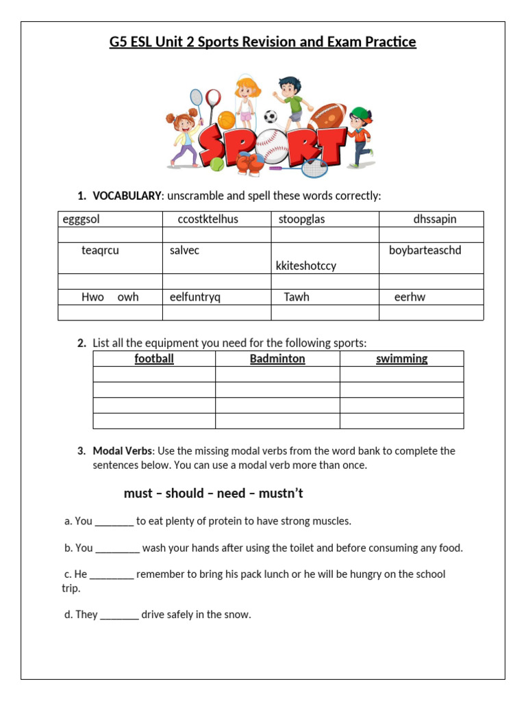 G5 ESL Sports Revision and Exam Guide | PDF | Grammar | Linguistics