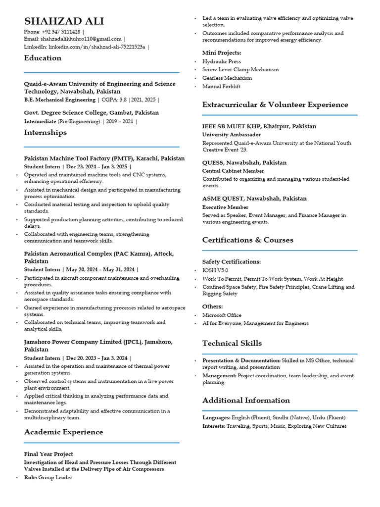 Mechanical Engineering Intern Profile | PDF | Engineering