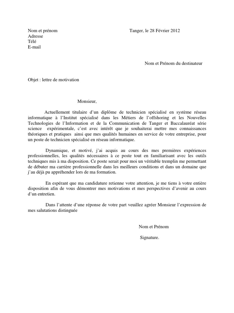 Modèle de la lettre de motivation
