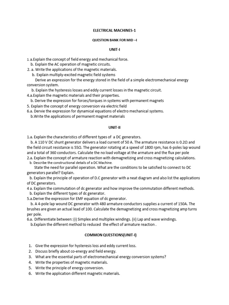 EE3303 Mid-I Question Bank | PDF | Electric Generator | Direct Current