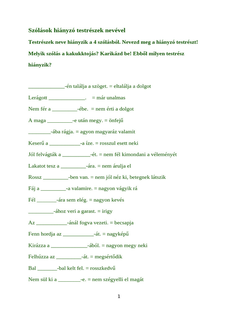Szólások Hiányzó Testrészek Nevével | PDF