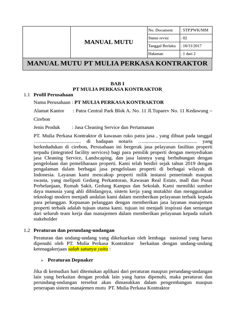 Manual Mutu PT Mulia Perkasa Kontraktor | PDF