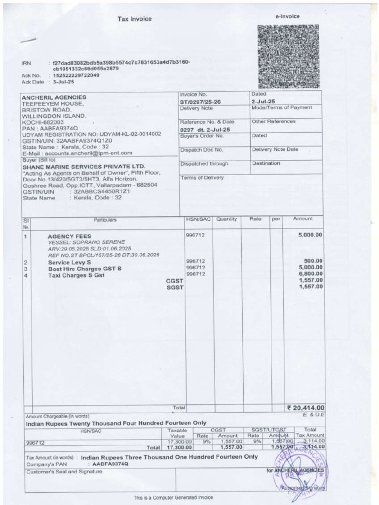 VFSSA Port Agency Invoice Summary | PDF
