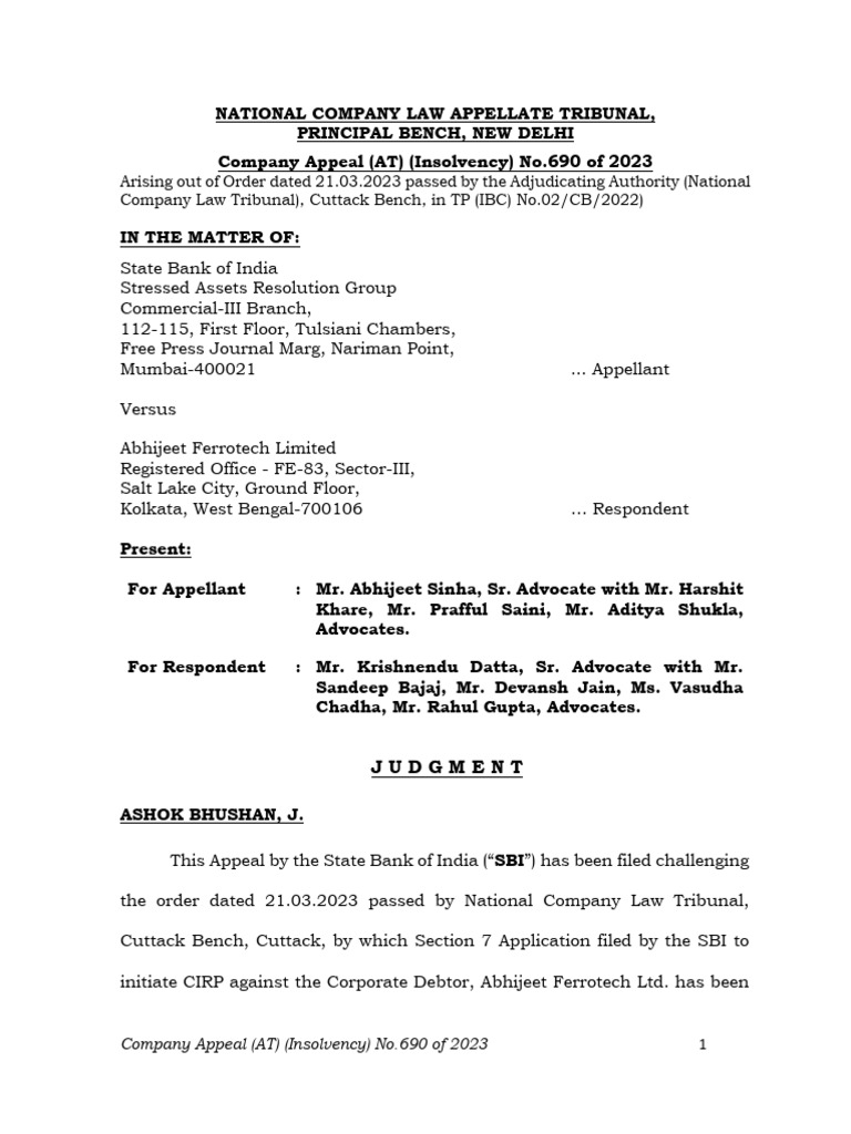 SBI Appeal Against NCLT Order on CIRP | PDF | Bankruptcy | Debtor