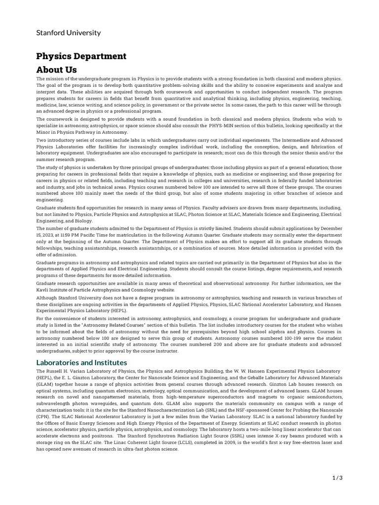 Stanford Physics Department Overview | PDF | Physics | Particle Accelerator