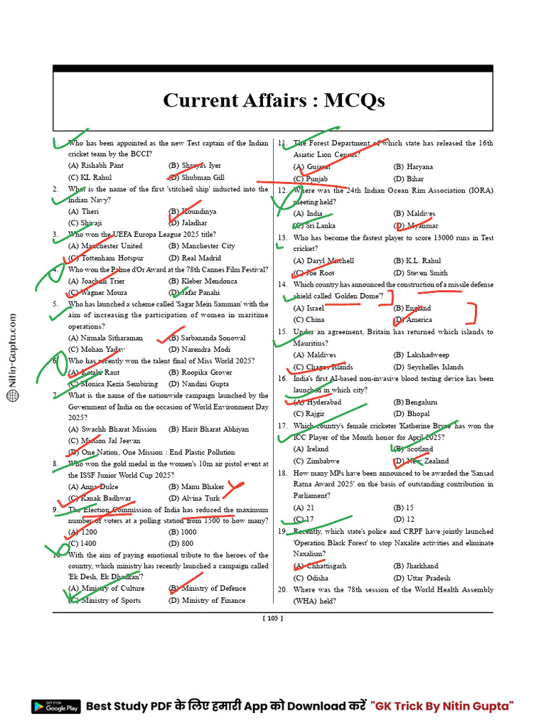 Current Affairs MCQs 2025 Insights | PDF
