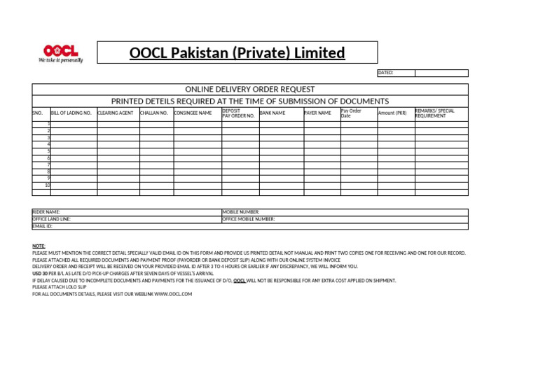 OOCL Pakistan Online Delivery Order Form | PDF