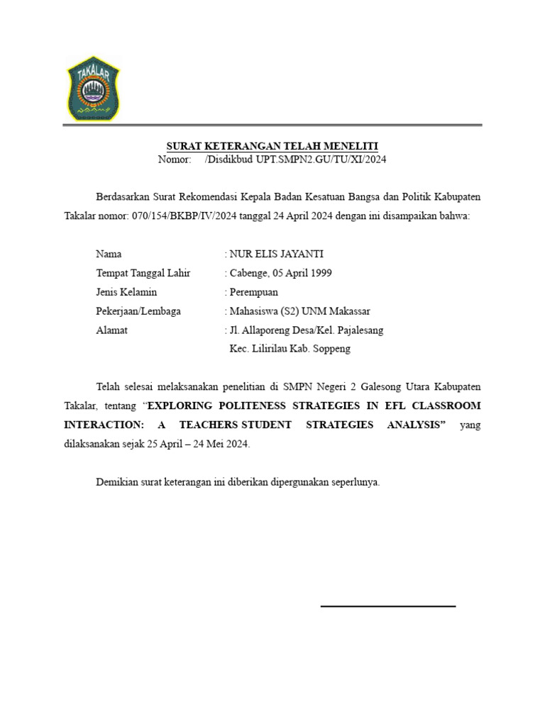 Surat Telah Meneliti SMPN 2 | PDF
