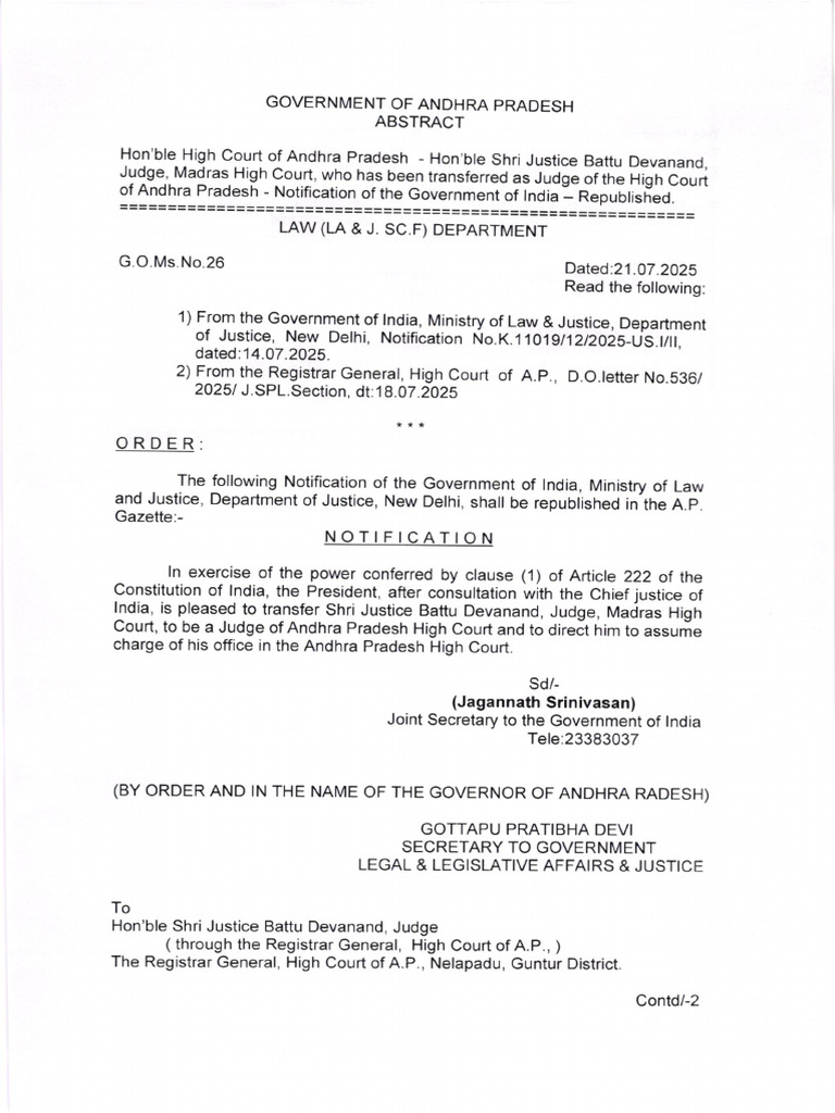Justice Battu Devanand Transfer Notification | PDF | Public Law | Justice