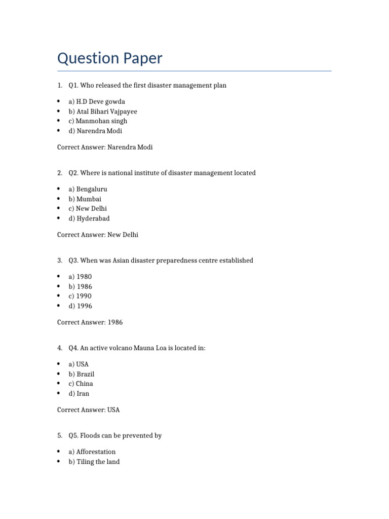 Disaster Management Quiz Questions | PDF | Natural Disasters | Earthquakes